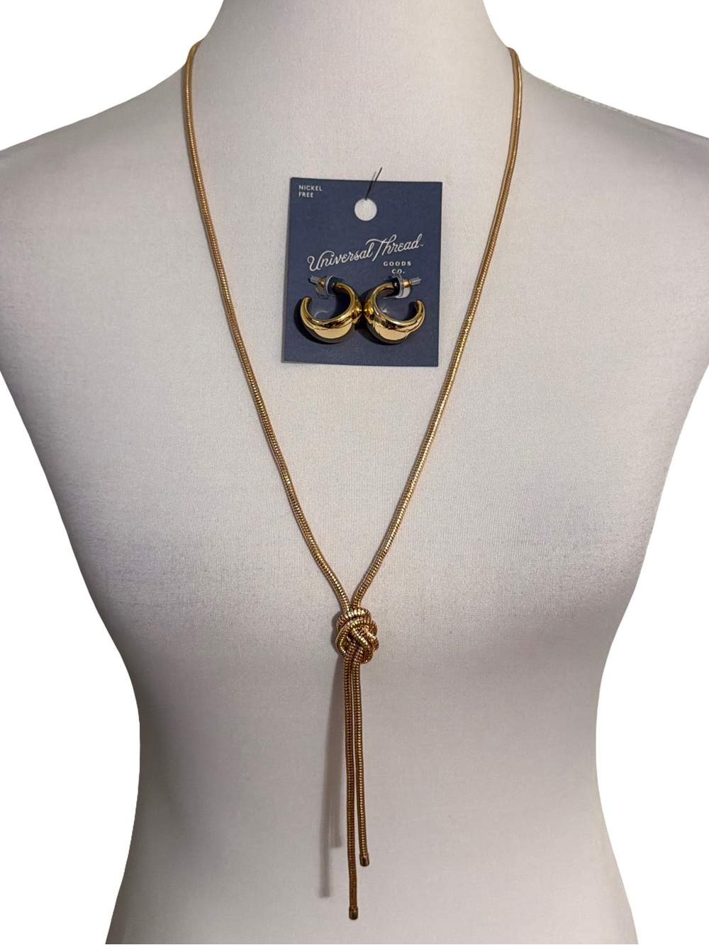 Universal Thread Gold Knot Lariat Necklace with Hoop Earrings Set